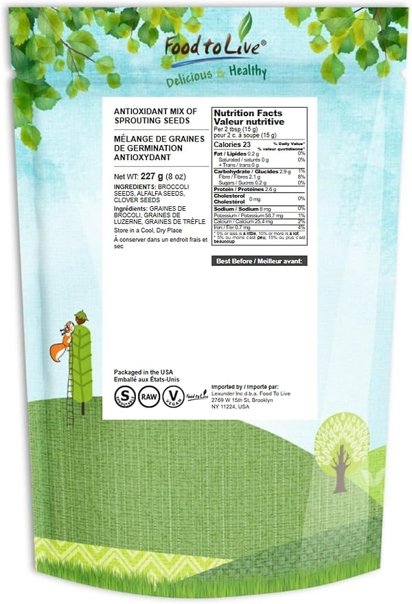 Food to Live Organic Antioxidant Mix of Sprouting Seeds, 8 Ounces - Non-GMO Broccoli, Alfalfa, Clover, Rich Germination Rate, Non-Irradiated, Kosher, Vegan Superfood, Bulk, Rich in Sulforaphane