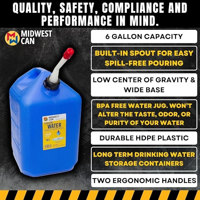 Midwest Can 6700-4PK Water Can with Spout - 6 Gallon Capacity, (Pack of 4)