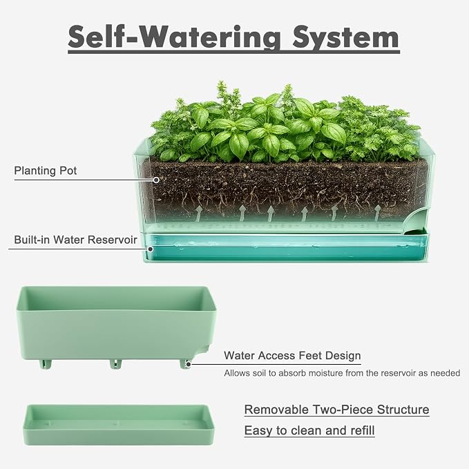 Party Zealot Window Boxes Planters, 5 Pack Self Watering Pots for Indoor Plants 17 Inch Rectangular Planter Rectangle Flower Pots Long Plant Pot Large Window Sill Herb Planter Box, Green