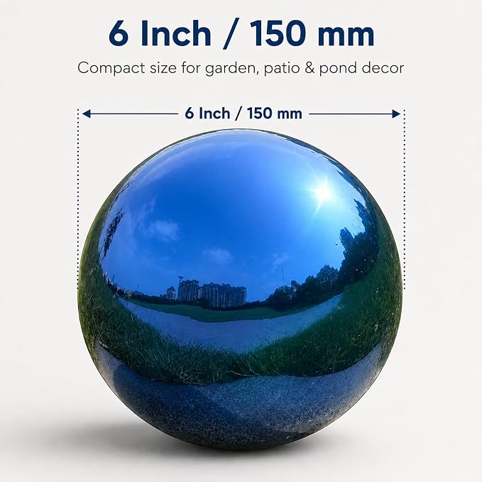 Gazing Ball Garden Mirror Outdoor - 6 Inch Outside Decorative Globe, Blue | Metal Polished Reflective Sphere, Stainless Steel Hollow Decoration Ornament for Home Pond Swimming Pool Housewarming Gift