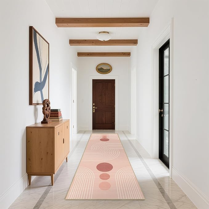 Boho Runner Rug 2x6 Modern Geometric Abstract Rug for Hallway Kitchen Bedroom Pink Mid Century Modern Runner Machine Washable Non-Slip Printed Low-Pile Long Floor Carpet for Bathroom Laundry Pink