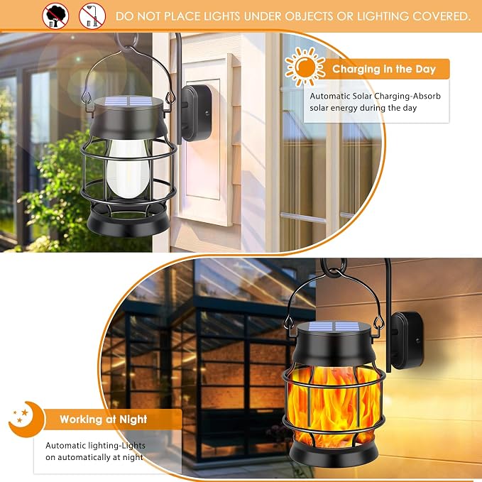TomCare Solar Lanterns Flickering Flame Solar Lights Outdoor Waterproof Metal Hanging Lantern Lighting Solar Powered Lanterns for Decorative Outdoor Patio Porch Garden Lawn,4 Pack