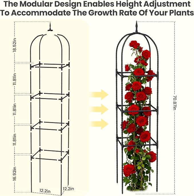 2 Pack 70.87" Garden Obelisk Trellis for Climbing Plants – Rustproof Metal Plant Tower, Pyramid Design for Roses, Clematis, Jasmine, and Vegetable Vines, Indoor & Outdoor Use, Black