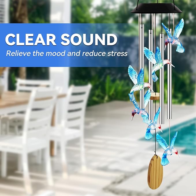 Wind Chimes for Outside, Solar Lights Outdoor Waterproof, Color Changing Hummingbird Light for Yard, Outdoor, Patio, Garden Decor, Wind Mobiles Gardening Gifts for Women, Mom, Wife, Blue Hummingbird