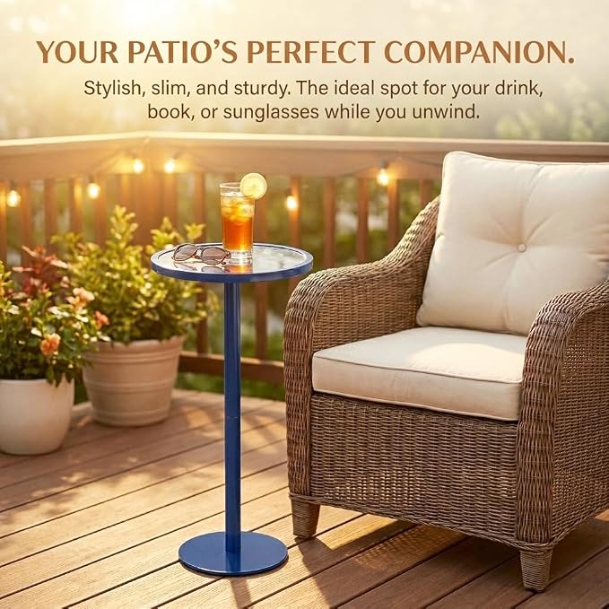 Navy Blue Drink Table, Indoor Outdoor Small Round Side Table with Tempered Glass & Scroll Design, 24.7" Metal Pedestal End Table for Living Room,Patio, Pool, Coastal Nautical Decor (Navy Blue)