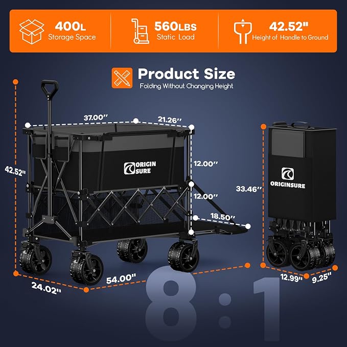 Originsure 400L Double Decker Wagon Collapsible with 54" L Tailgate, 560lbs Heavy Duty Carts Foldable, Extra Large Folding Beach Wagon with Big All-Terrain Wheels for Camping, Sports, Grey&Black