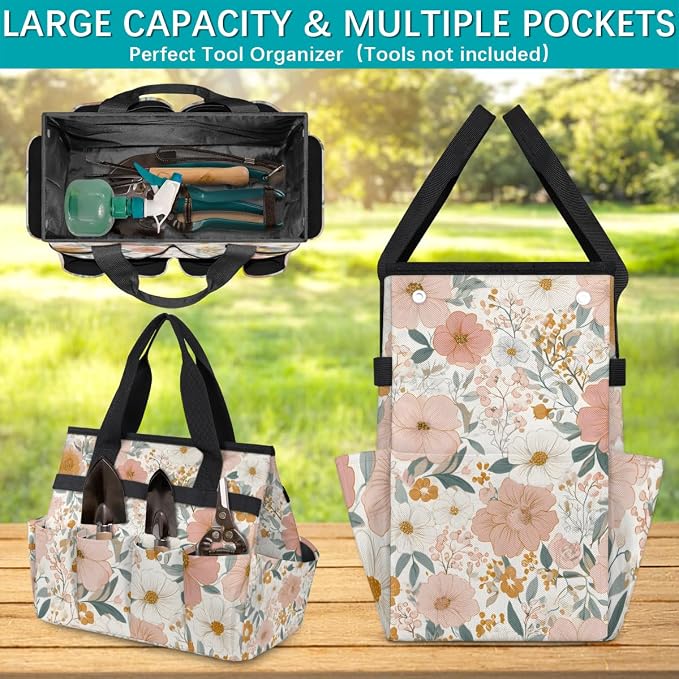 Garden Tote Bag with 10 Pockets Vintage Flowers Heavy Duty Gardening Bags for Tools Organizer Storage Bag with Handle for Garden Lawn Yard Casual