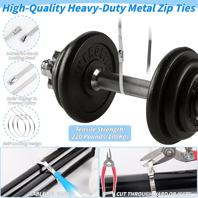 300PCS Metal Zip Ties Gun Kit, 12 Inch Heavy Duty Metal Zip Ties, Multi-Purpose Self-Locking Cable Tie Tool Set for Vehicles Farms Plants Fences Pipe Bundling, Scissors