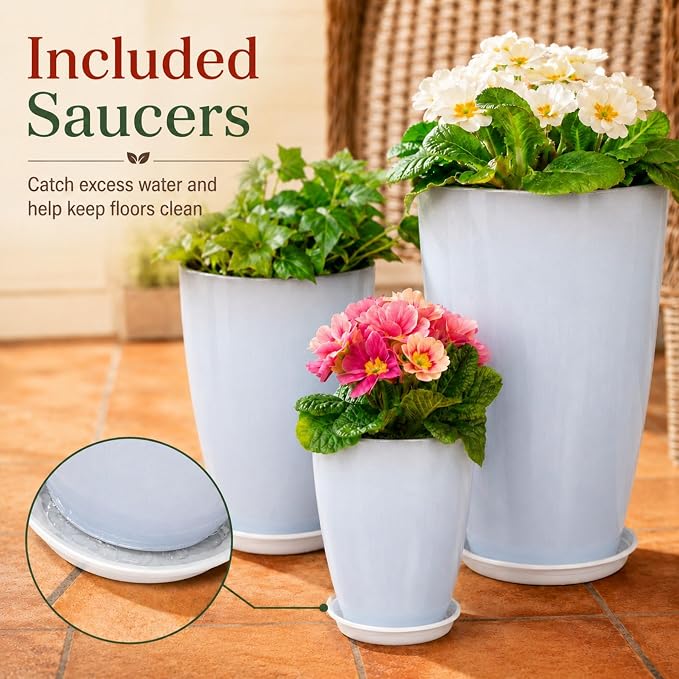 Neoaider Set of 3 Tall Planter, 24/21/12in Large Plastic Planter, Off White | Ceramic-Look, Lightweight, Built-in Drain Hole, Saucers, Tall Outdoor Planter for Porch, Garden, Patio, Balcony