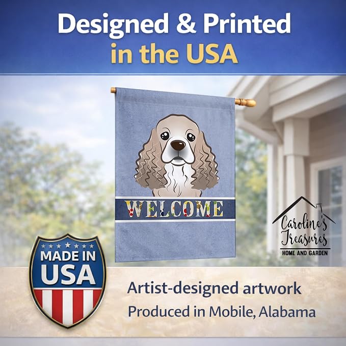 Caroline's Treasures BB1402CHF Cocker Spaniel Welcome House Flag, Blue Large Porch Sleeve Pole Decorative Outside Yard Banner Artwork Wall Hanging, Polyester, House Size, Multicolor