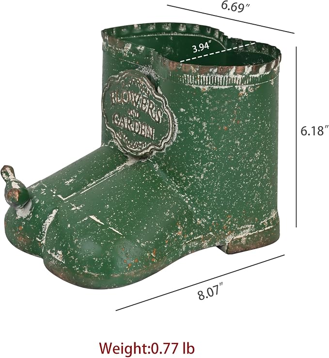 Vintage Distressed Boot Planter, Rustic Flowers & Garden Metal Rain Boot Plant Pot, Farmhouse Succulent Herb Planter for Indoor Outdoor Home Garden Patio Decor (Green - Small)