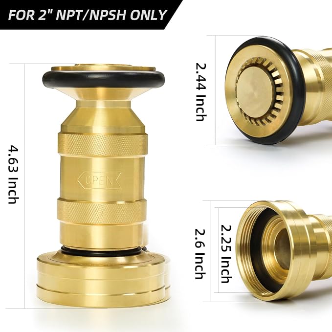 Fire Hose Nozzle 2" NPSH/NPT Brass Fire Equipment Spray Jet Fog,100 psi 75 gpm Heavy Duty Industrial Fog Nozzle