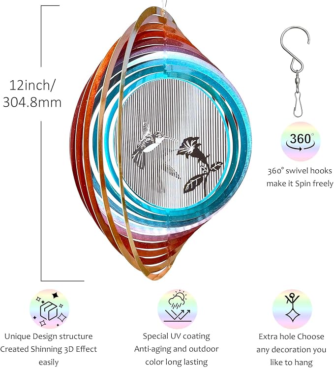 Aoedelyart 3D Animations Hummingbird Wind Spinner for Yard and Garden,12In Metal Wind Spinners Hummingbird Gift for Women Mom Grandma Wife,Outdoor Garden Decor Hanging Kinetic Yard Art Wind Sculpture