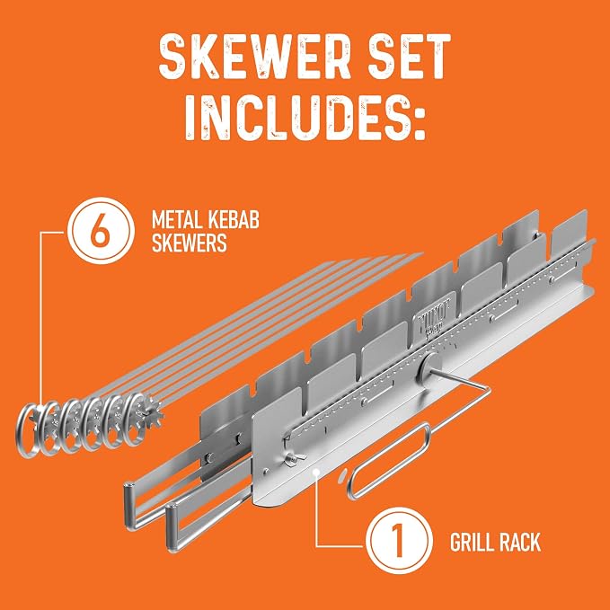 Yukon Glory Rotating Kabob Skewer Rack, Stainless Steel Shish Kebab Set with 6 Metal Skewers, Collapsible Holder for Grill, Dishwasher Safe