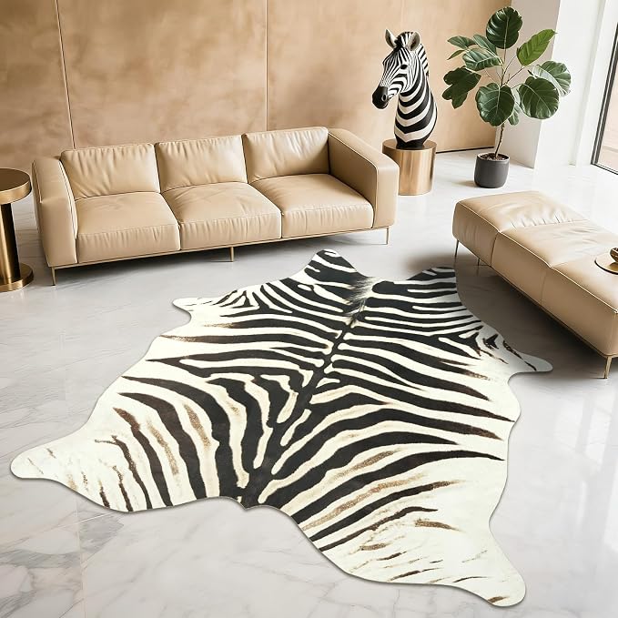 BENRON Zebra Rug, Animal Print Rug for Living Room Bedroom 4.6x5.2ft | Western Faux Zebra Print Rug, Animal Skin Carpets, Non-Slip Throw Rug for Home Decor, Black and Brown, Ivory
