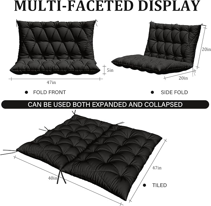 Porch Swing Cushion with Backrest,Waterproof Bench Cushion for Outdoor Furniture,2-3 Seater Replacement Thickened 5 in swing cushion,with Ties,Patio,Outdoor,Backyard and Garden (Black,47x40 in)