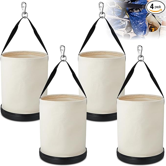 4 Pack Canvas Bucket 15" x 12" Heavy Duty Lineman Tool Bag with Plastic Bottom & Metal Hook Electrician Tool Organizer for Jobsite Use, Load Rated up to 150 Pounds (White)