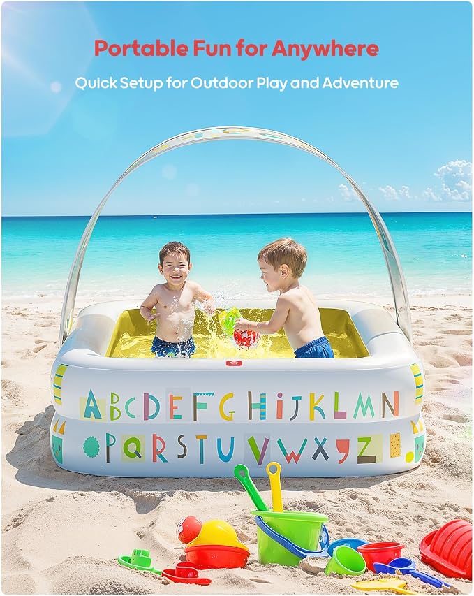 QPAU Baby Pool with Canopy, Inflatable Design, 65 x 39 in, Yellow | Inflatable Design with Soft Cushioned Floor, Converts to a Ball Pit for Kids and Toddlers, for Indoor and Backyard Play