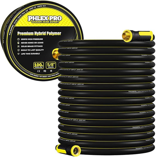 Garden Hose 100FT Heavy-Duty Premium 5/8'' Rubber 3-Layer Water Hose - Innovation Flexible Hybrid Lightweight Water Hose with Full Brass Male to Female Fittings (Green)