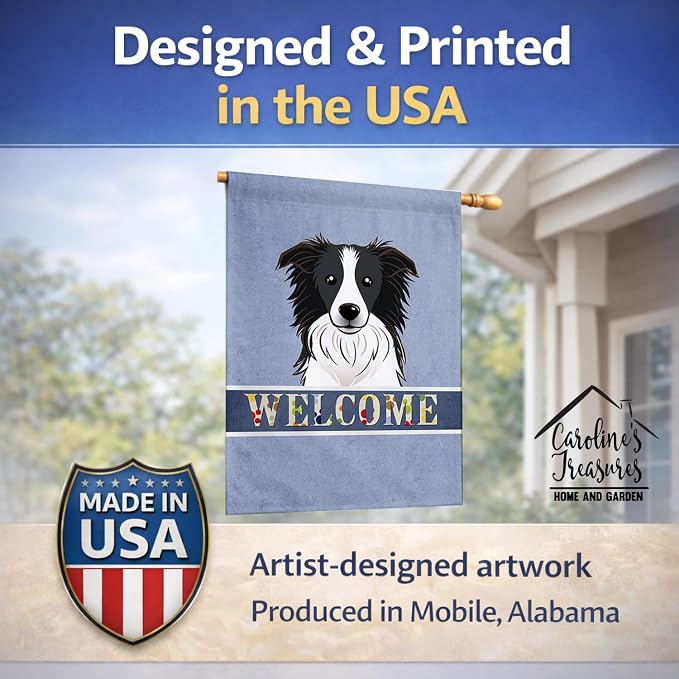 Caroline's Treasures BB1427CHF Border Collie Welcome House Flag, Blue Large Porch Sleeve Pole Decorative Outside Yard Banner Artwork Wall Hanging, Polyester, House Size, Multicolor