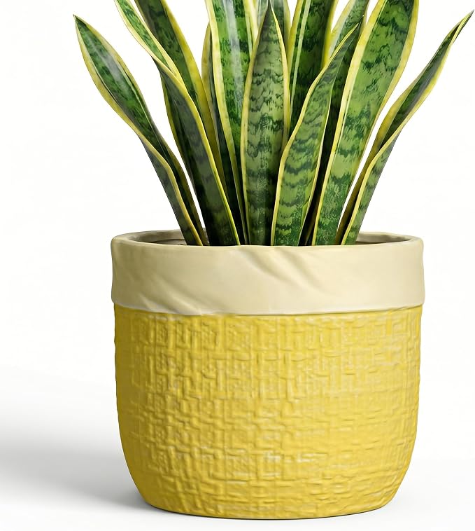 8 Inch Pots for Plants - Ceramic Planter for Indoor Plants, Round Flower Pots with Drainage Hole and Plug, Boho Decorative Plant Pot, Home Room Decor, House Warming Gifts New Home, Yellow