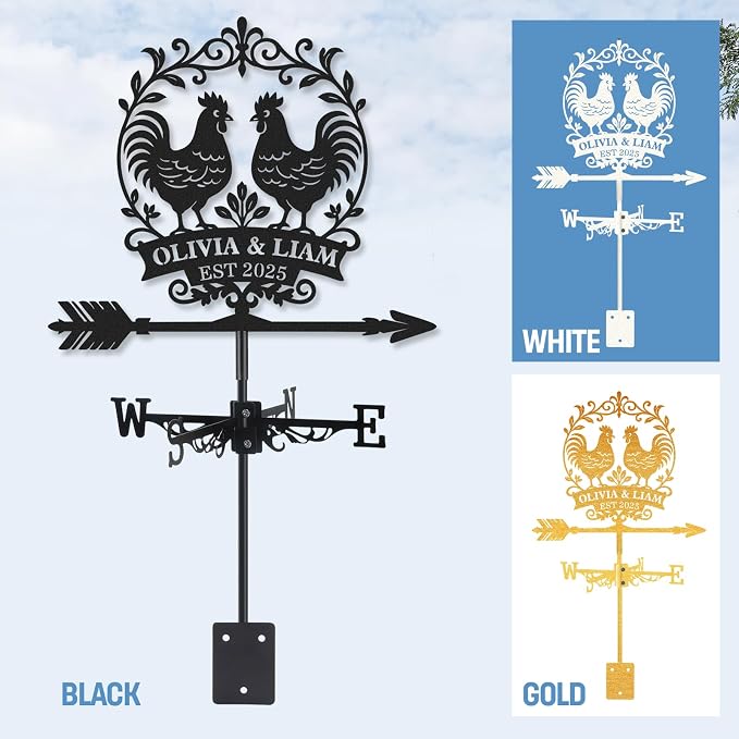 Personalized Metal Weather Vane, Custom Name Weathervane, Chicken Coop Signs, Weather Vanes for Outside, Wind Vanes for Farmhouse Yard Shed Decor, Housewarming Gifts Color03