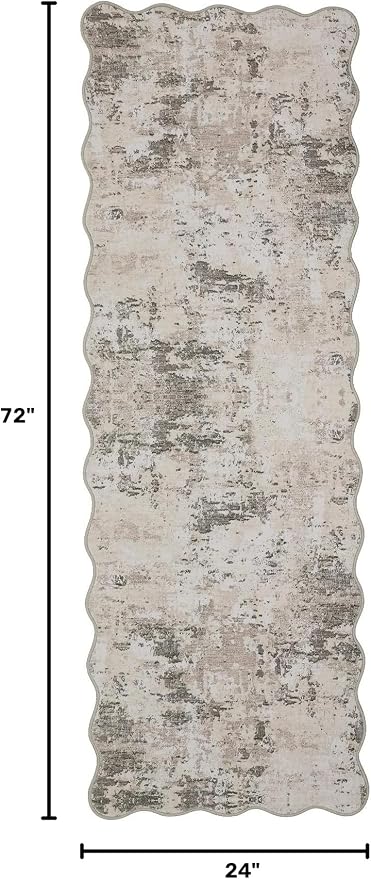 ROYHOME Modern Abstract 2x6 Scalloped Runner Rug Washable Rug, Brown Grey | Non Slip Stain Resistant Rug for Hallway Kitchen Bedroom Non Shedding Low Pile Indoor Floor Cover
