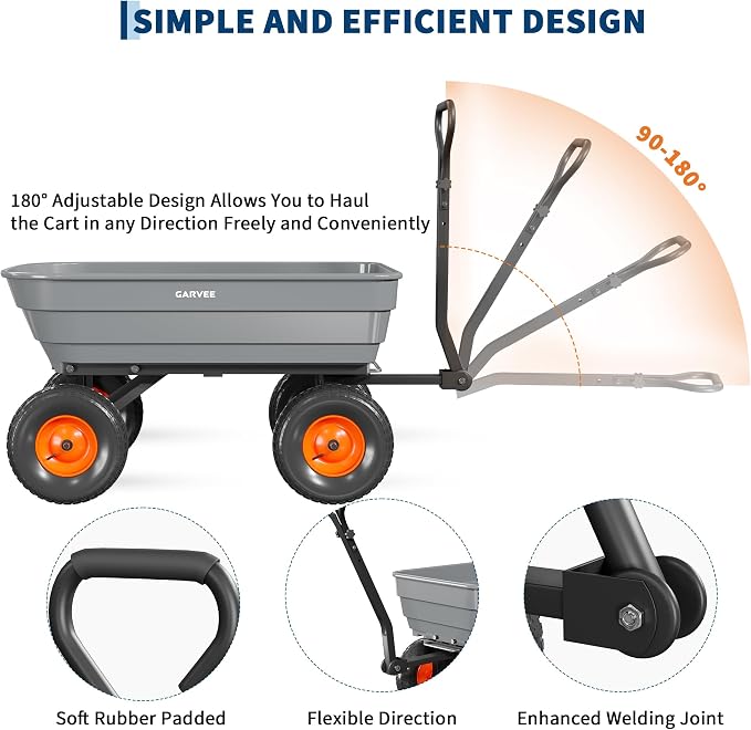 Garvee Poly Garden Dump Cart, Heavy Duty 1200lbs Wheelbarrow Yard Cart Dump Wagon with 13”All Terrain Wheels, Garden Utility Wagon with Quick Release System& Convertible Handle Attach to ATV (Gray)