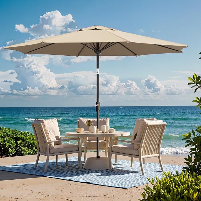 Outdoor Patio Umbrella with One Push Button Tilt and Crank, 8 Sturdy Ribs Market Table Umbrella
