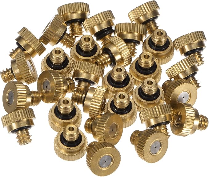 M METERXITY 30-Pack Brass Misting Nozzle, 0.02" 0.5mm Orifice 10/24 UNC O-Ring Replacement Mister Nozzles Plug Mister Heads for Garden Patio Outdoor Cooling System Low-Pressure Atomizing
