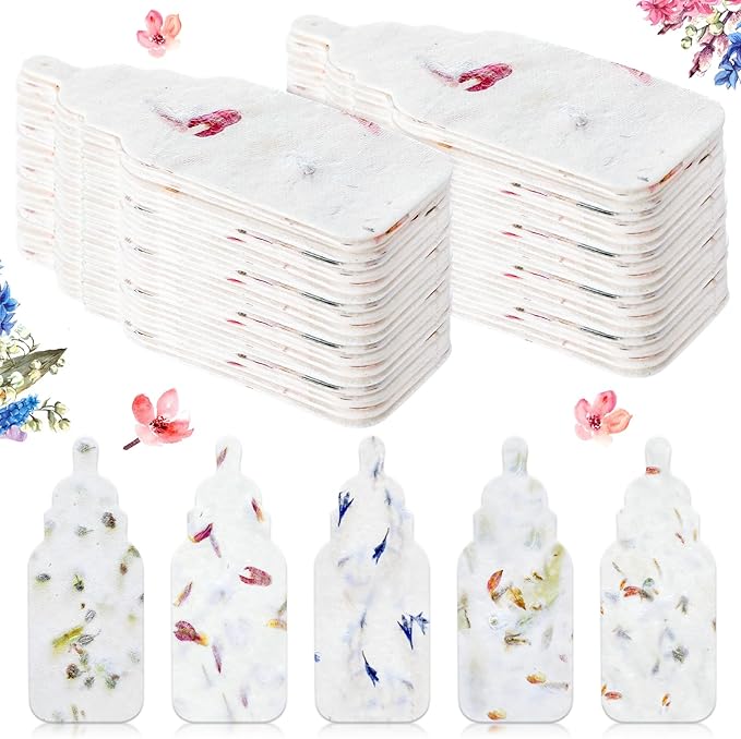 Dunzoom 50 Pcs Handmade Seed Paper Plantable Wildflower Seed Paper Recycled Flower Petals Tags Wedding Favors for Guests Craft Gifts Cards for Envelope Birthday Party, 5 Styles (Bottle)