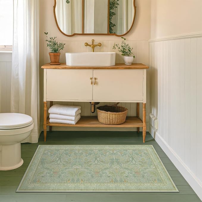 2x4 Small Green Kitchen Rugs Non Slip, Floral & Botanical Shabby Chic Washable Low Pile Area Rug for Bedroom, Bathroom, Mudroom, Powder Room