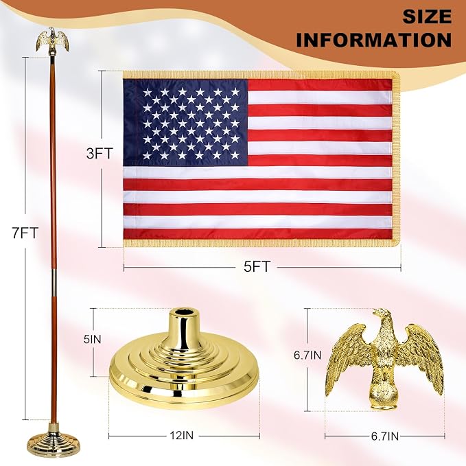 XIFAN Deluxe 7 FT Indoor American Flag and Pole Set - Solid Oak Pole, Metal Eagle Topper, Gold Fringed US Flag, Base Stand, Cord Tassel, for Lobby, Office, Auditorium, Conference Room - 7.6 FT Total