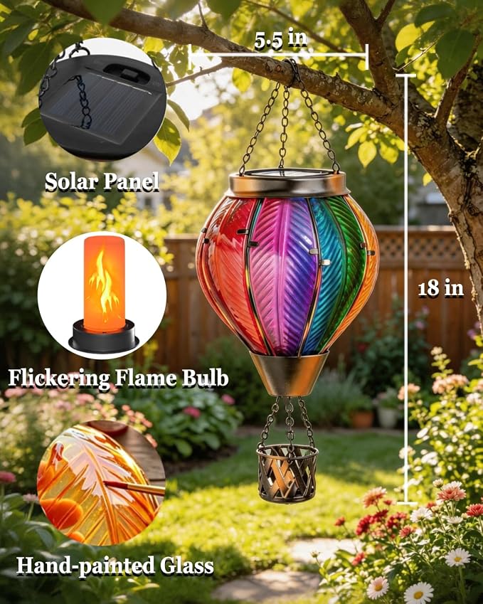 Larekook Rainbow Solar Hot Air Balloon Lantern with Flickering Flame Light,Glass Outdoor Garden Decor,Hot Air Balloon Solar Lantern Outdoor Waterproof Hanging Light for Yard Patio Porch Lawn
