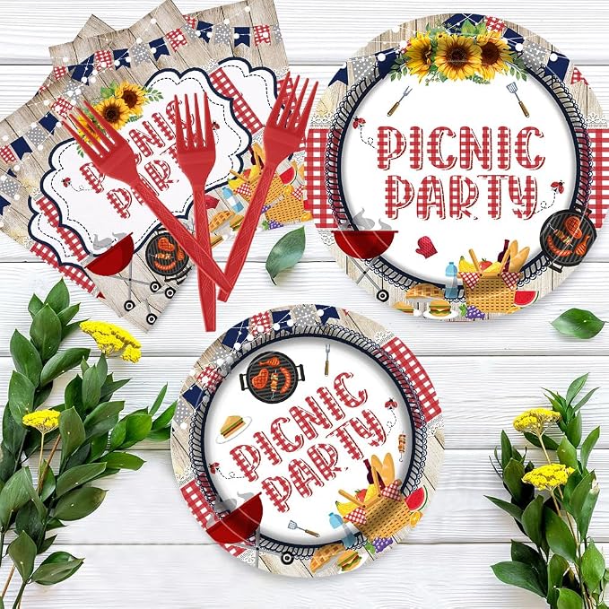 Picnic Party Tableware Set 96 Pcs Disposable Plates Napkins Forks BBQ Birthday Brunch Red White Checkered Sunflower Outdoor Party Decorations Serve 24 Guests