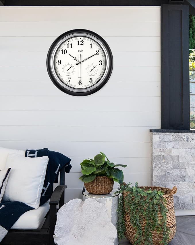 Outdoor Clock Waterproof, 18 Inch Large Outdoor Clocks Weatherproof with Thermometer & Hygrometer Combo, Easy-to-Read Outside Wall Clock for Patio, Garden, Poolside, Backyard-Black Silver