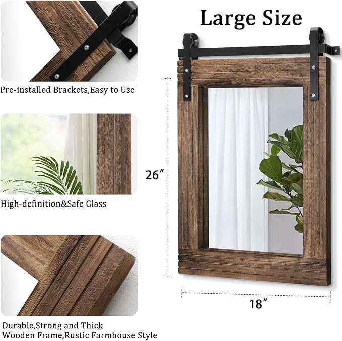 AAZZKANG Rustic Wood Mirror Rectangle Decorative Wall Mirror Large 26"x18" with Frame Bedroom Living Room Bathroom Hanging Mirror