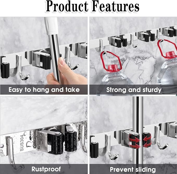 2 Pack 3 Racks and 4 Hooks Broom and Mop Holder Wall Mounted Garage Organizer Storage Tool Racks Stainless Steel Heavy Duty Hooks Self Adhesive Solid Non-slip Wall Hangers for Home Kitchen Garden | Mop Holder Wall Mount and Broom Hanger for Garage, Lau...