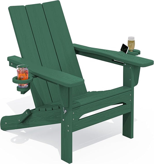 SERWALL Modern Adirondack Chair, Folding Adirondack Chair with Dual Cup Holders, Outdoor HDPE Fire Pit Chair for All Weather Use, Green