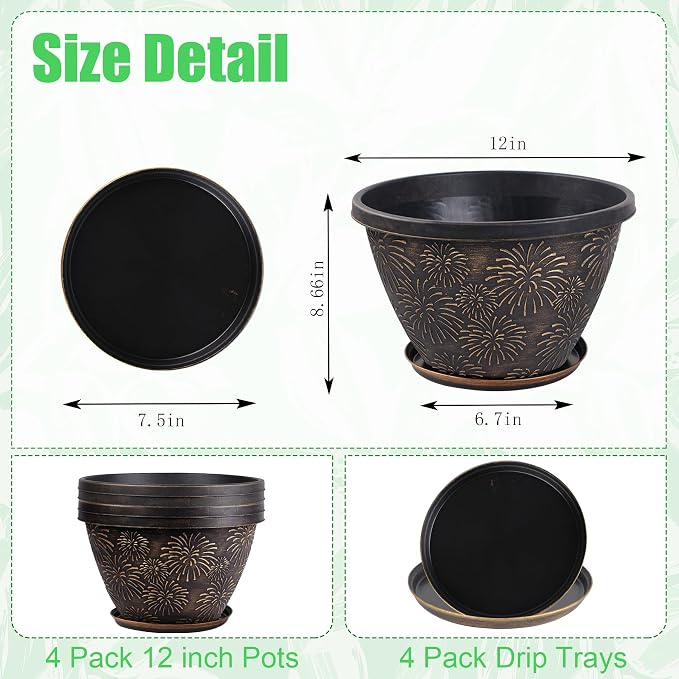 Nooulap 4 Pack 12 Inch Plant Pots with Drainage Holes and Saucers, Large Plastic Flower Pots for Outdoor Indoor Medium Planters, Shrubs Home Garden Patio Decor, Antique Gold Firework Embossed Design