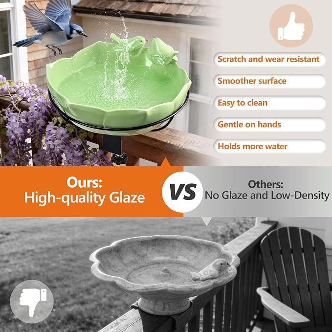 Glazed Ceramic Bird Bath for Deck Railing, 11 Inch Outdoor Bird Feeder Bowl with Adjustable Clamp, Easy Install Balcony/Patio Birdbath for Outside Garden Backyard Decoration, Green