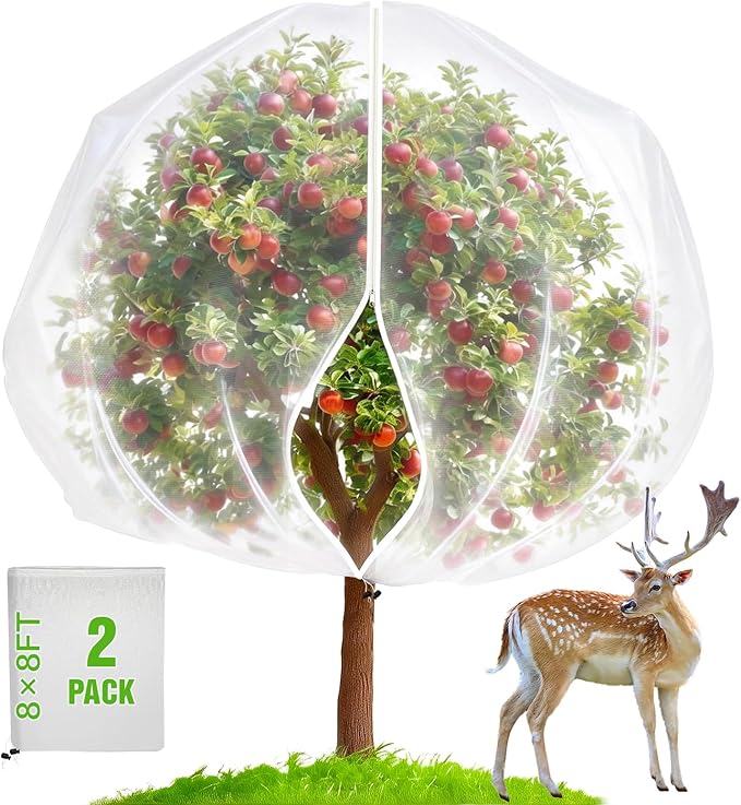 JoyHalo Fruit Tree Netting with Zipper & Drawstring, 8 × 8FT Pest Barrier Netting for Garden, 60-Mesh PE Tree Covers for Bush, Blueberry, Vegetables & Plant Protection (2 Packs)