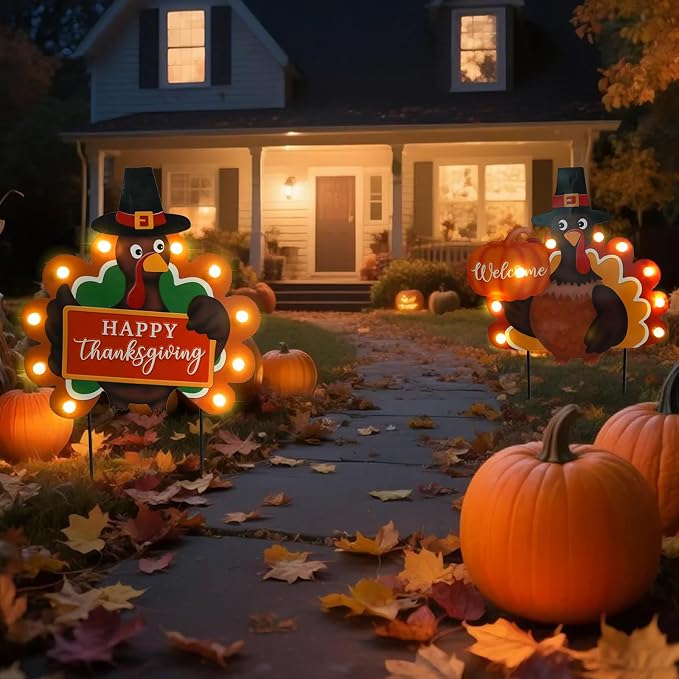 Fall Yard Decor Outdoor Autumn Harvest Garden Stakes with LED Light Autumn Two Turkeys Yard Sign with Stakes Fall Thanksgiving Decoration for Home Outside Lawn Garden Holiday Decor