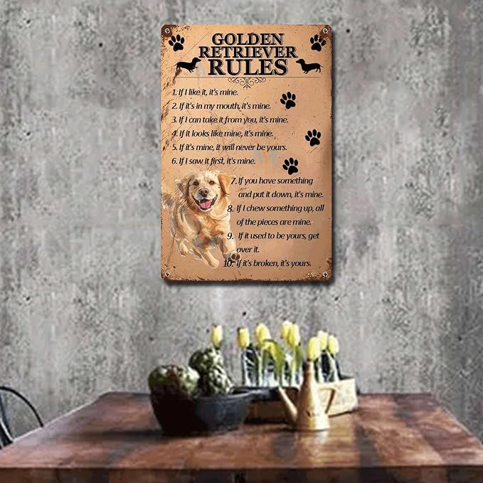 Metal Sign Tin Sign Vintage Wall Art Golden Retriever Rules Signs for Garden for Home Decor 12×16 Inches
