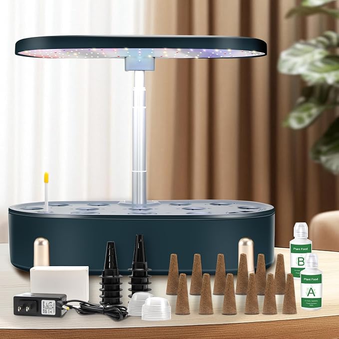 Hydroponics Growing System Indoor Garden:12 Pods Plant Kit Aeroponic Herb Vegetable Growth Lamp Countertop with LED Grow Light, Adjustable Height Up to 20.47inch (Black, One-Size)