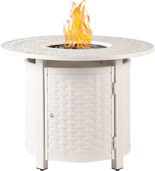 Oakland Living Round 34 in. x 34 in. Aluminum Propane Fire Pit Table with Glass Beads, Two Covers, Lid, 37,000 BTUs in White Finish