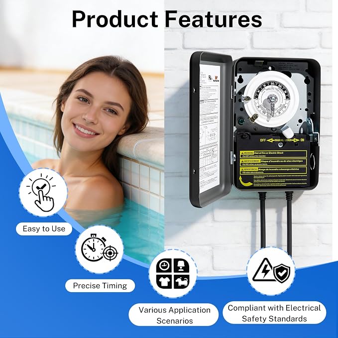 T101 24-Hour Mechanical Timer, 40A 120VAC SPST, 12 On/Off Operations, Indoor Use Only, for Commercial Refrigeration Defrost, Lighting, Fans, Pool Pumps, Irrigation Systems, Water Heater Timing Control