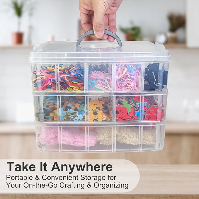 3-Tier Stackable Storage Container Box, 30 Compartments - Upgraded Large Clear Craft Organizer with Dividers for Beads, Small Toys, Jewelry, Washi Tape & Sewing Supplies