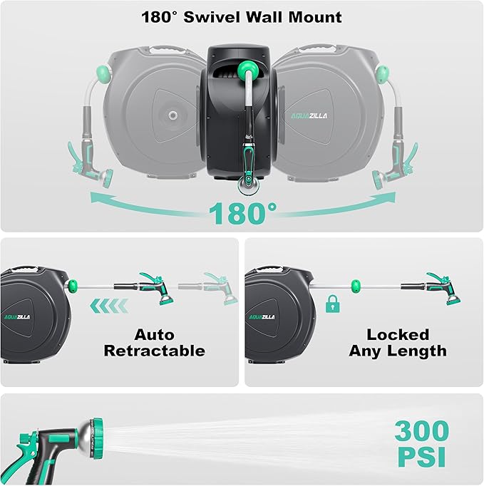 Retractable Garden Hose Reel - 5/8 in x 100 ft Automatic Wall Mount Heavy Duty Automatic Water Hose Reel with 9 Patterns Nozzle, Kink-Resistant Hose, 180° Swivel, Auto-Lock for Outdoor Watering