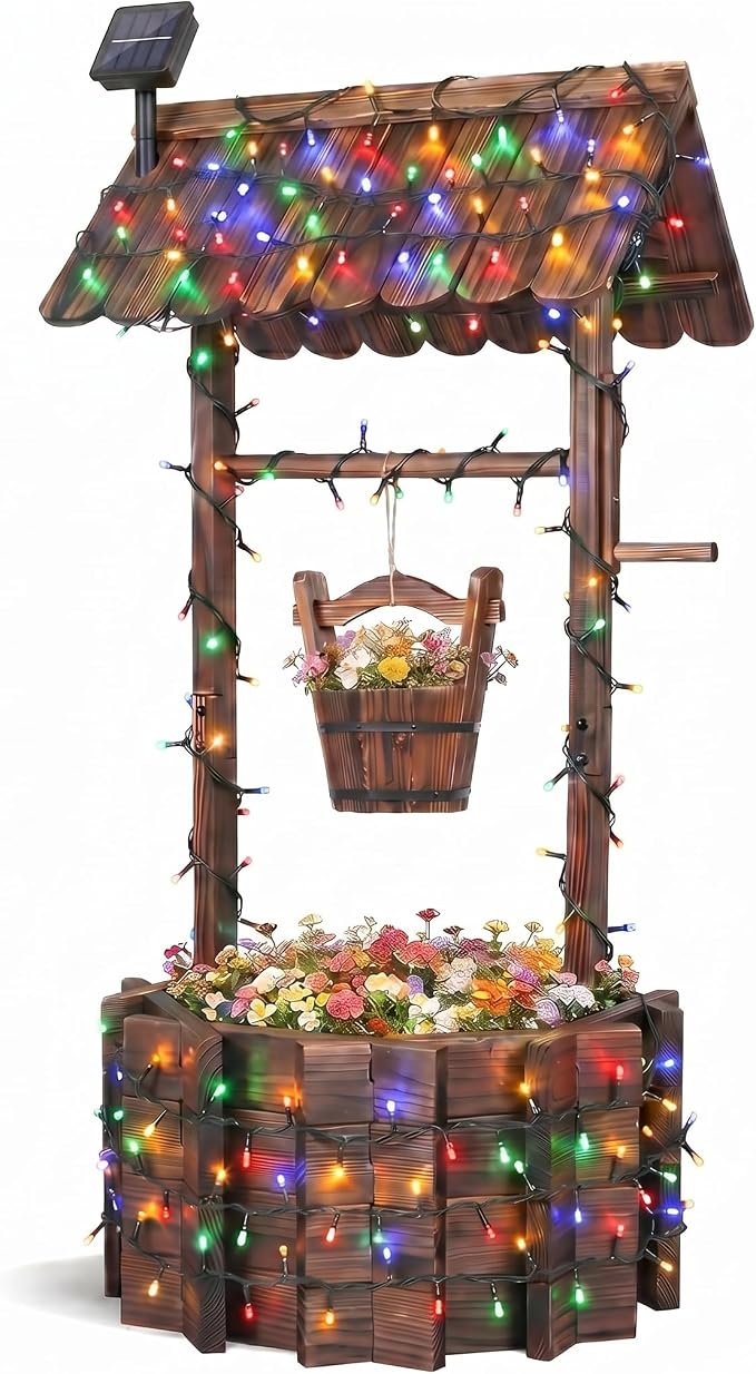 Wooden Wishing Well Planter With Light,4 Reinforced Rods,Dual Tier Planting | 8 Custom Lighting Modes, Adjustable Hanging Bucket, Multi-Yard Decor, Seasonal Plant Friendly, Easy Installation